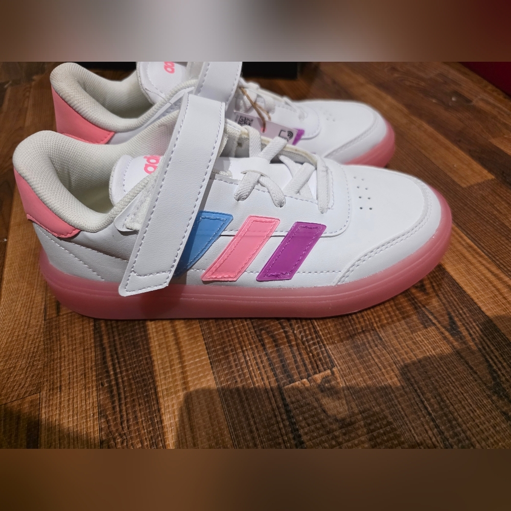 Adidas Girls' White Sneakers with Pink, Blue, and Purple Stripes